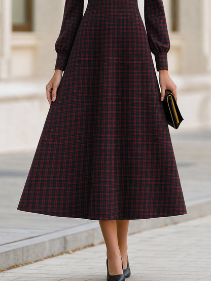 Plaid Cowl Collar Fit‑and‑Flare Midi Dress