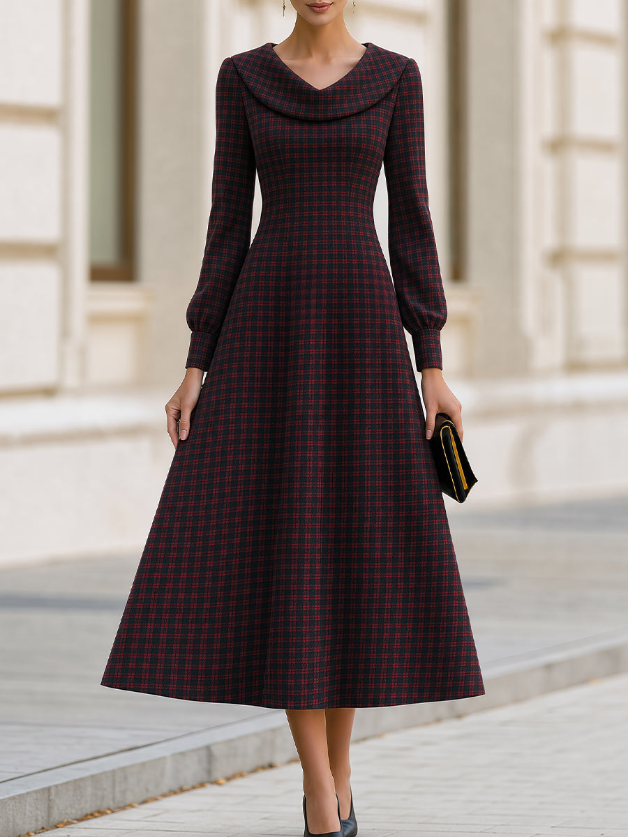 Plaid Cowl Collar Fit‑and‑Flare Midi Dress