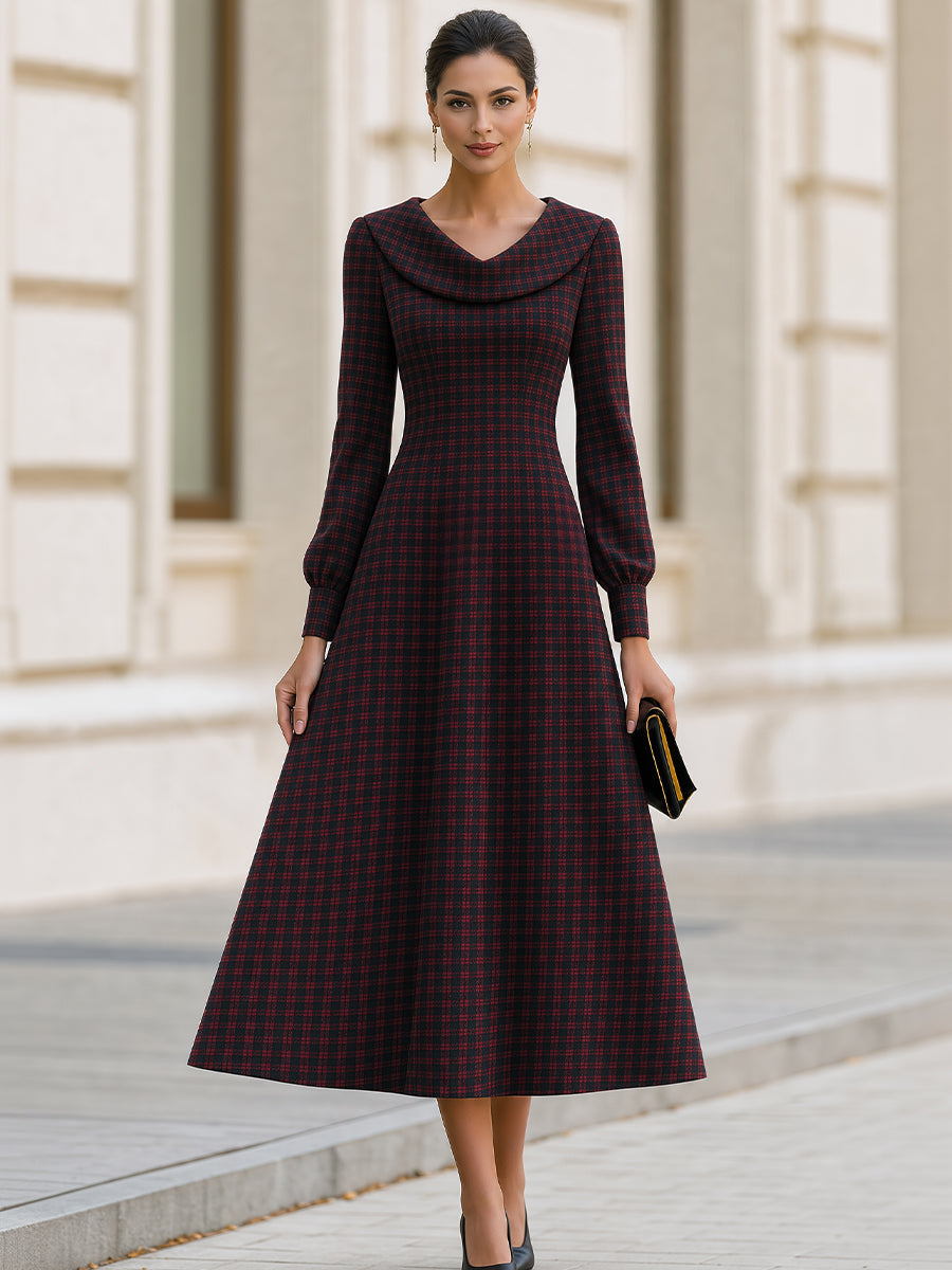 Plaid Cowl Collar Fit‑and‑Flare Midi Dress