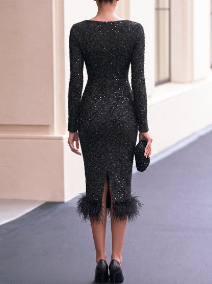 Off‑the‑Shoulder Sequin Feather‑Hem Bodycon Midi Dress