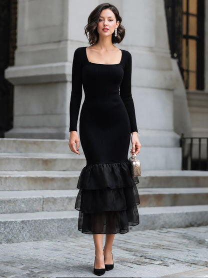 Ribbed Knit Organza Ruffle Bodycon Midi Dress
