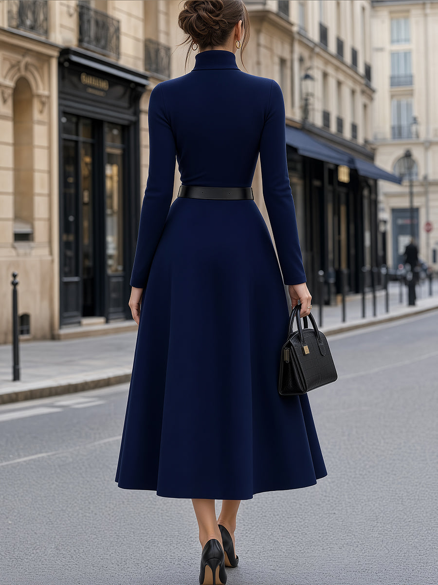 Turtleneck Belted Flared Midi Dress