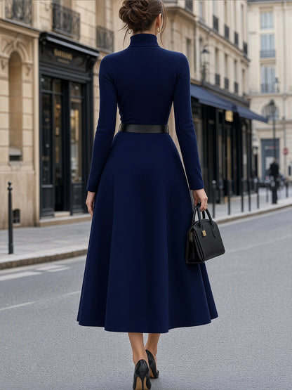 Turtleneck Belted Flared Midi Dress