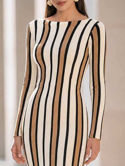 Vertical Stripe Ribbed Knit Midi Dress