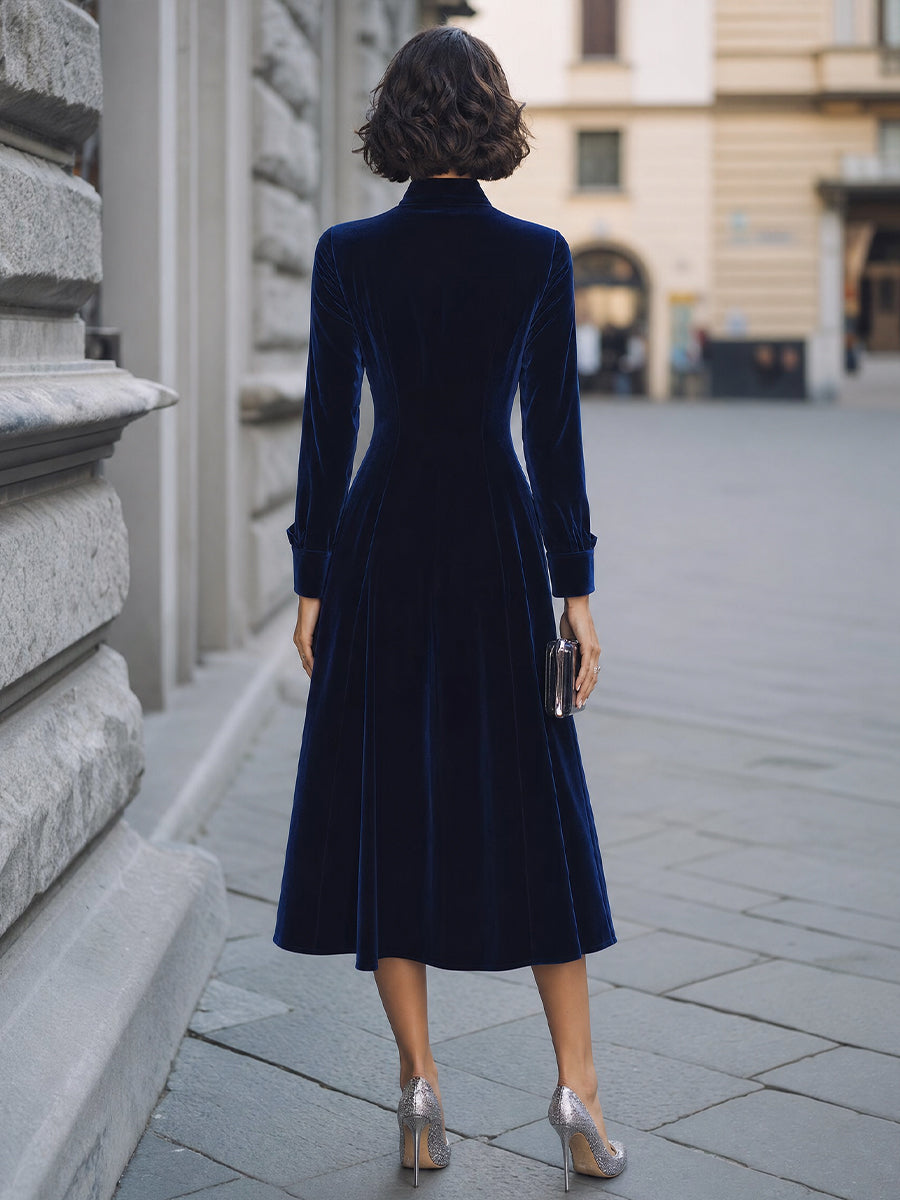 Asymmetric Button-Bodice Velvet A-Line Midi Dress