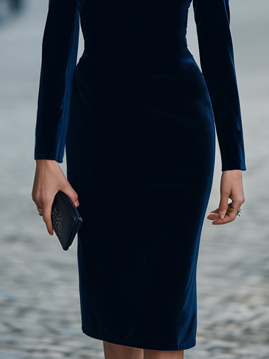 Boat-Neck Velvet Bodycon Midi Dress