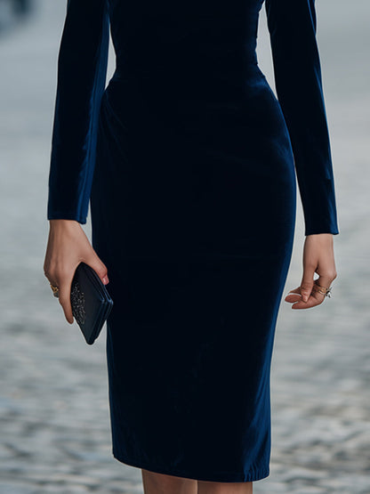 Boat-Neck Velvet Bodycon Midi Dress