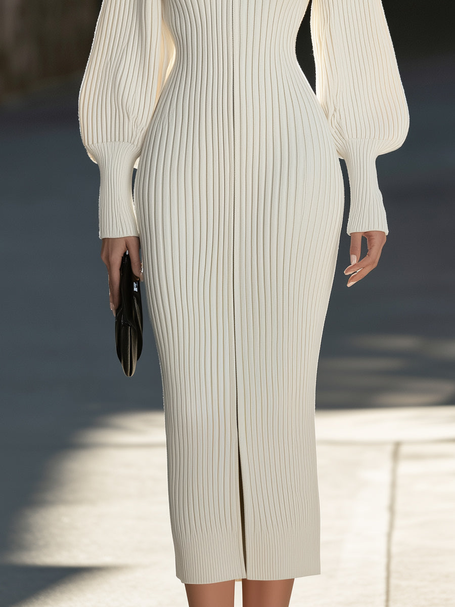 Front Zipper Ribbed Knit High-Neck Midi Dress