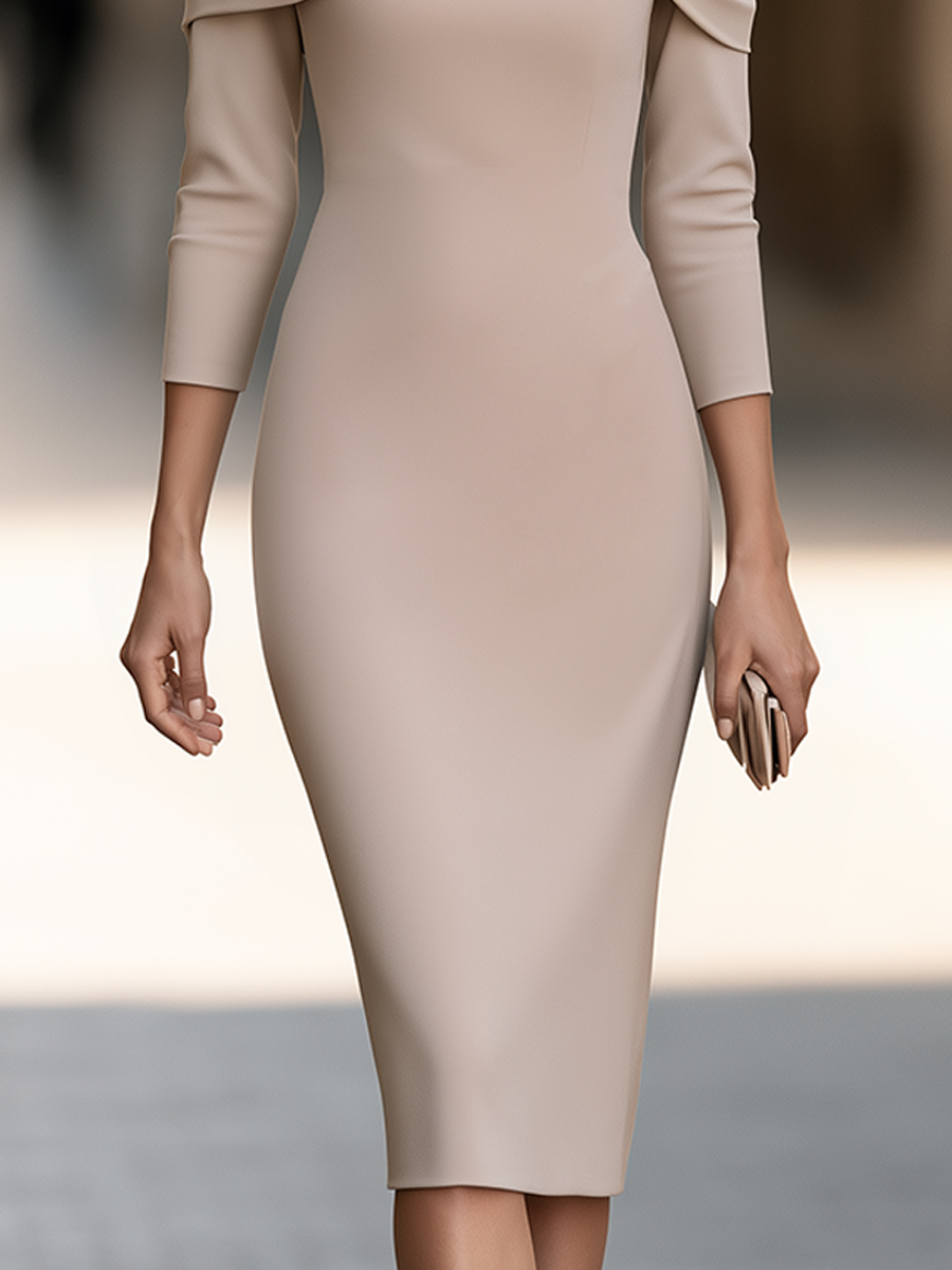 Off-Shoulder Draped Twist Neck Sheath Midi Dress