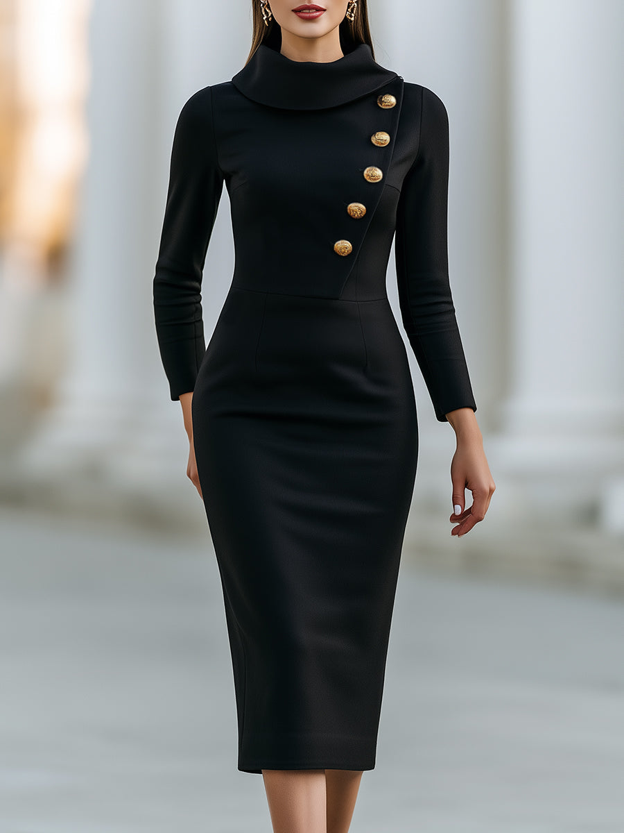 Asymmetric Button Cowl Neck Midi Dress