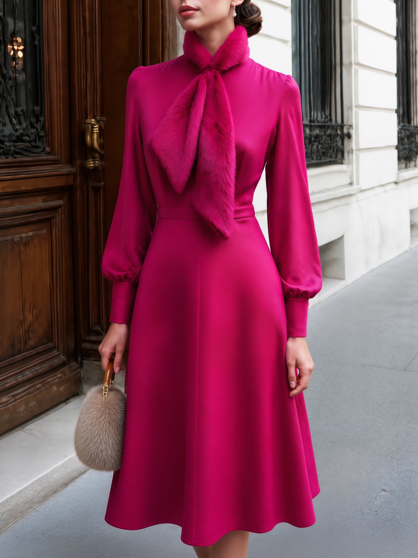 Faux-Fur Collar Puff-Sleeve A-Line Midi Dress