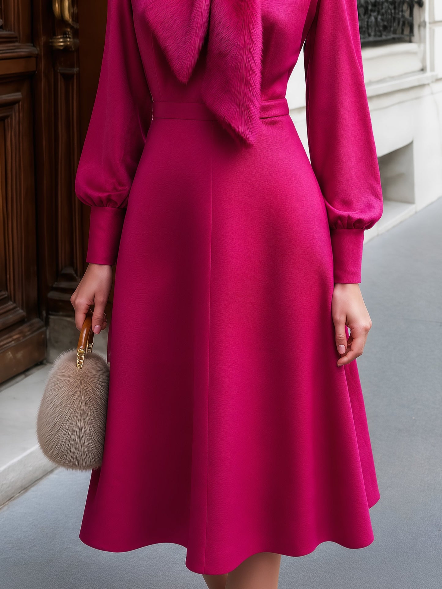 Faux-Fur Collar Puff-Sleeve A-Line Midi Dress