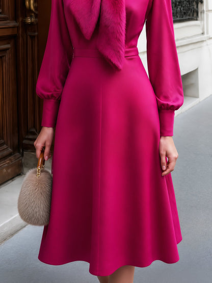 Faux-Fur Collar Puff-Sleeve A-Line Midi Dress