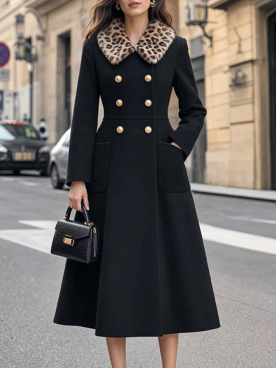 Leopard Faux Fur Collar Double-Breasted Midi Coat
