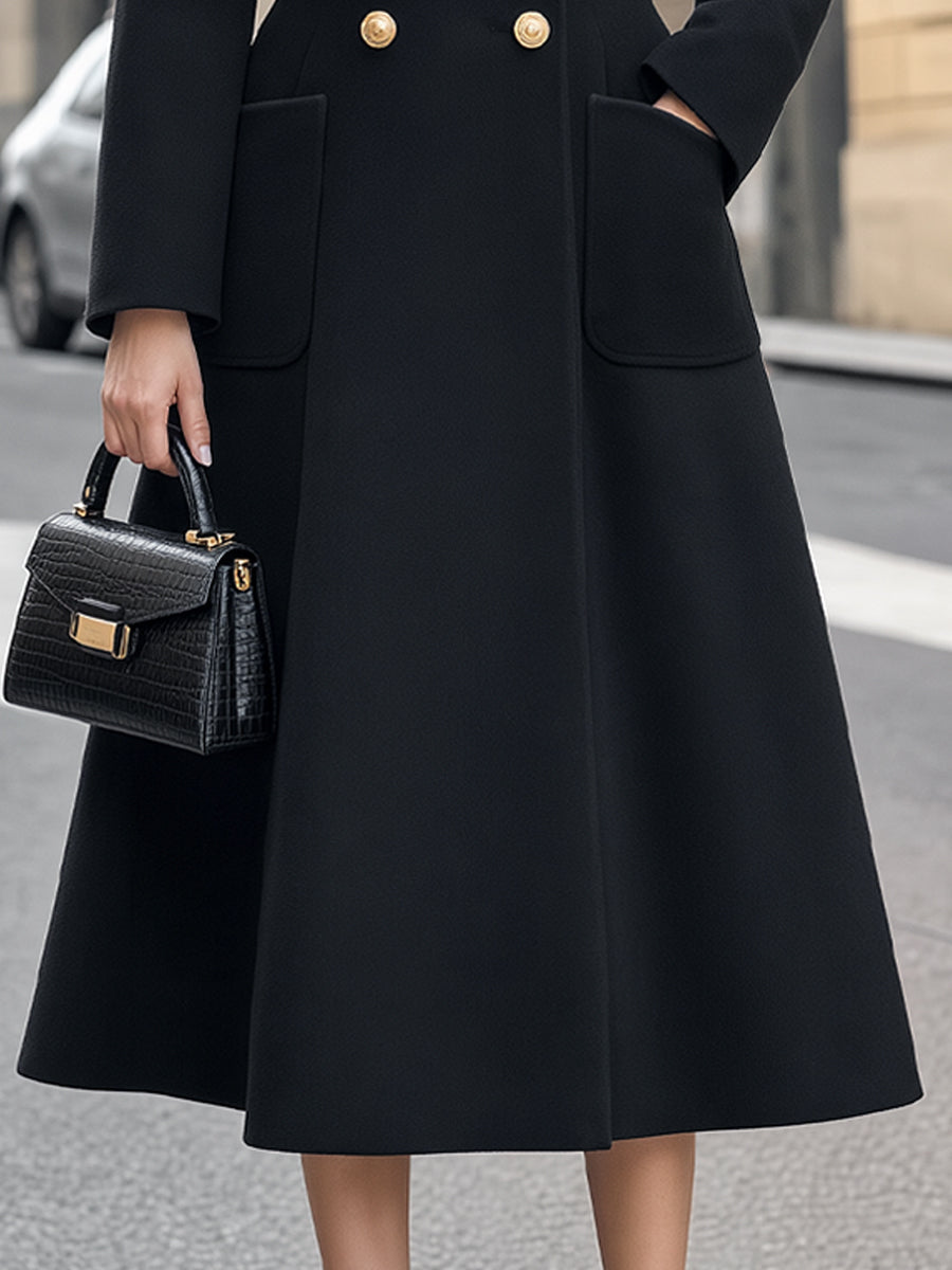 Leopard Faux Fur Collar Double-Breasted Midi Coat