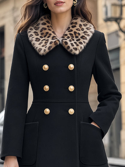 Leopard Faux Fur Collar Double-Breasted Midi Coat