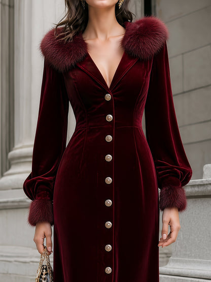 Velvet Fur-Collar Puff-Sleeve Slim Midi Dress