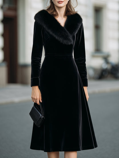 Velvet Faux-Fur Collar Midi Dress