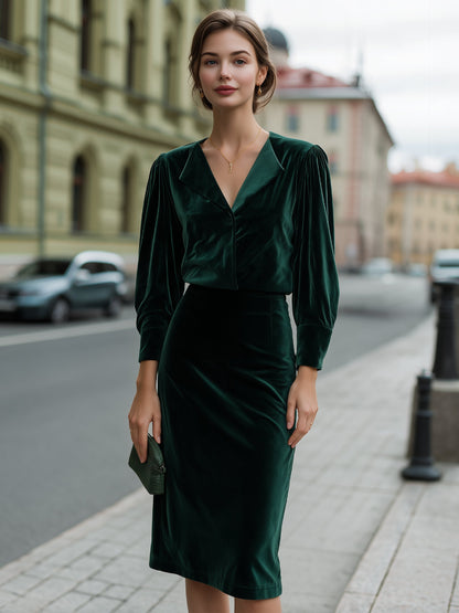 Velvet Puff-Sleeve V-Neck Pencil Midi Dress