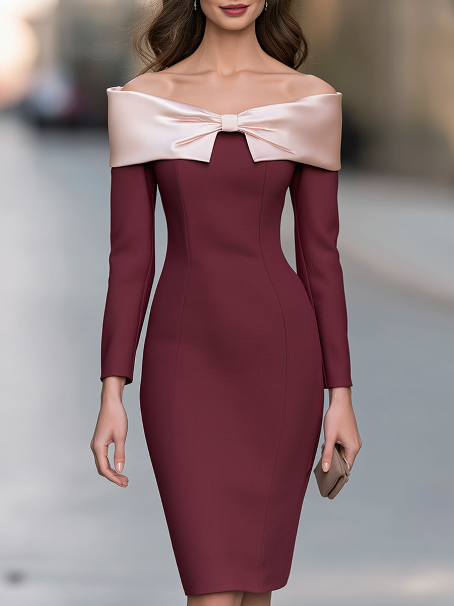 Satin Bow Off-Shoulder Midi Dress