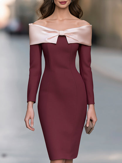 Satin Bow Off-Shoulder Midi Dress