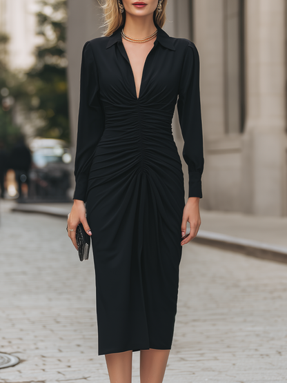 Point-Collar Ruched Front Sheath Midi Dress