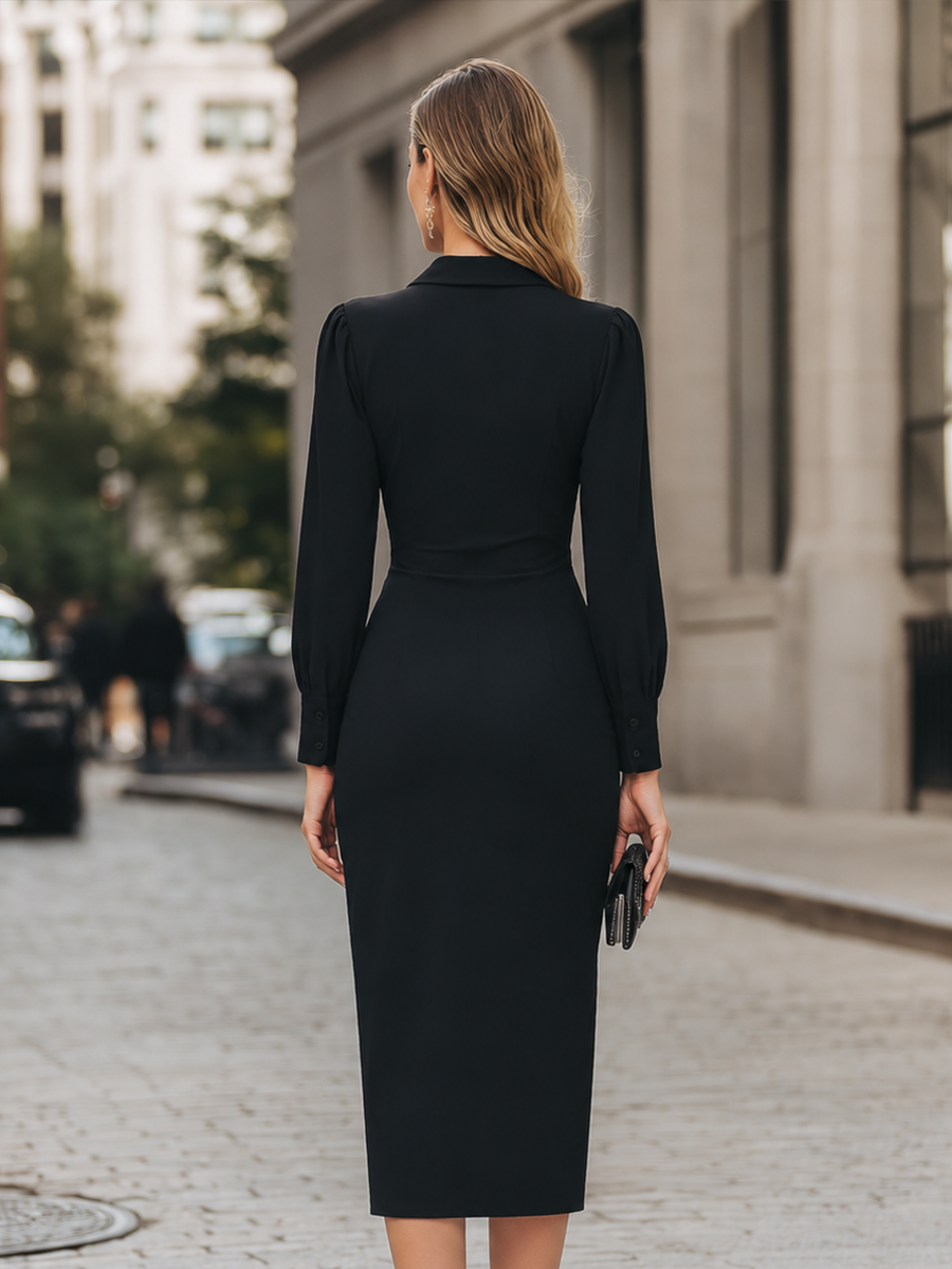 Point-Collar Ruched Front Sheath Midi Dress