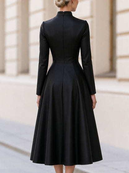 Stand‑Collared Button‑Front Fit‑and‑Flare Midi Dress