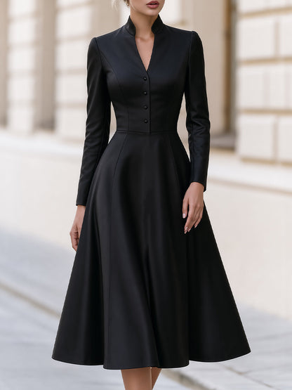 Stand‑Collared Button‑Front Fit‑and‑Flare Midi Dress