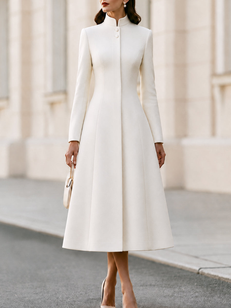 Stand‑Collared Button‑Front Fit‑and‑Flare Midi Coat‑Dress