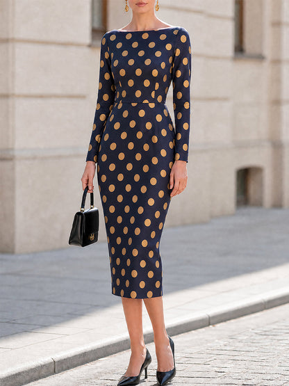 Boat‑Neck Polka‑Dot Long‑Sleeve Pencil Midi Dress