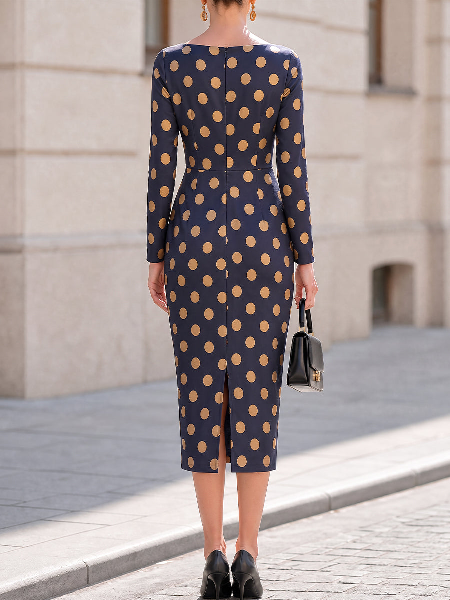 Boat‑Neck Polka‑Dot Long‑Sleeve Pencil Midi Dress
