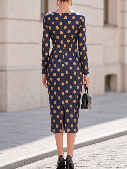 Boat‑Neck Polka‑Dot Long‑Sleeve Pencil Midi Dress