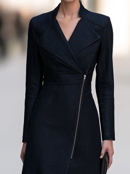 Asymmetric Zip Denim Wrap Midi Dress
