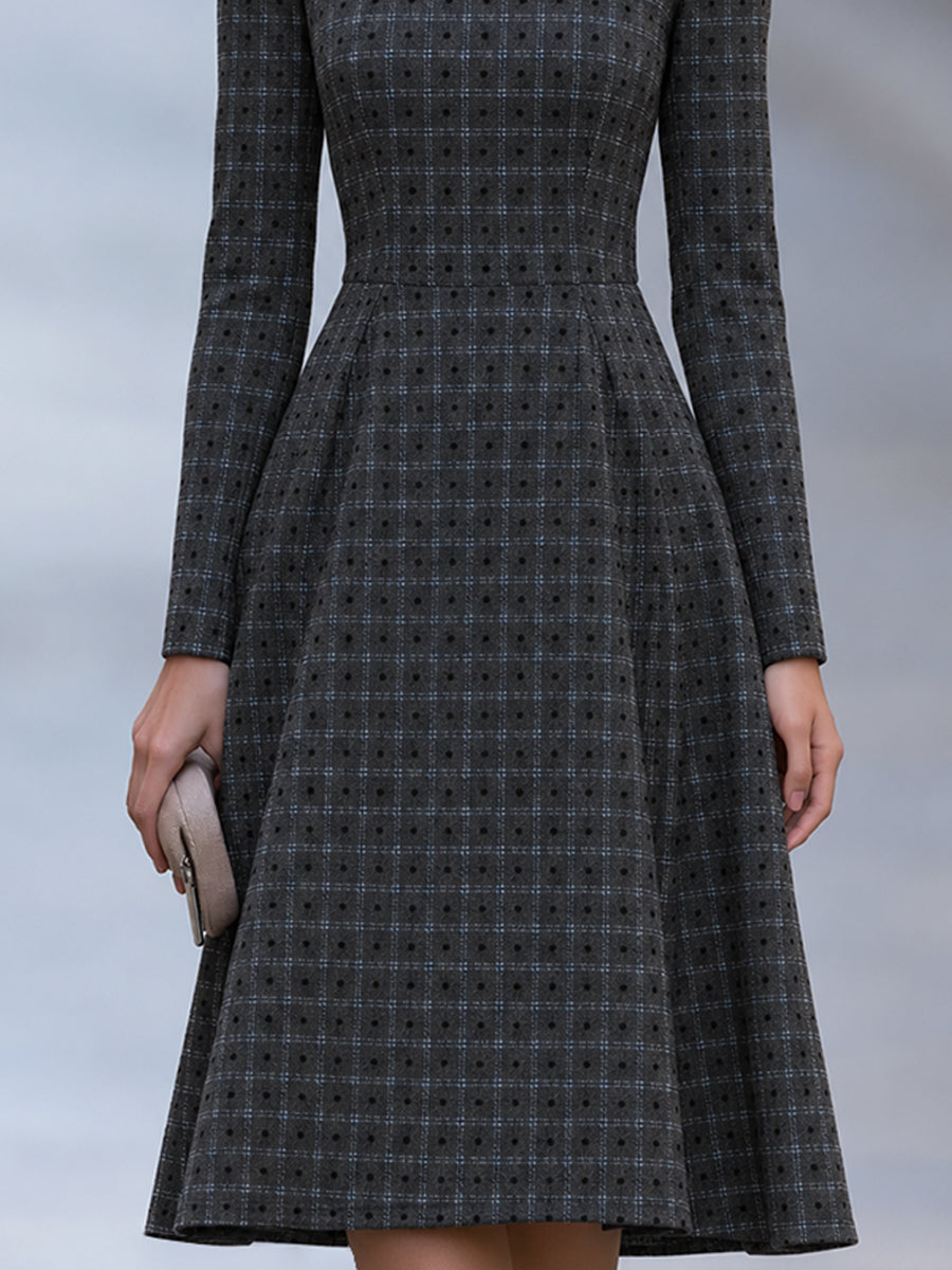 Mock Neck Plaid Dot A-Line Midi Dress