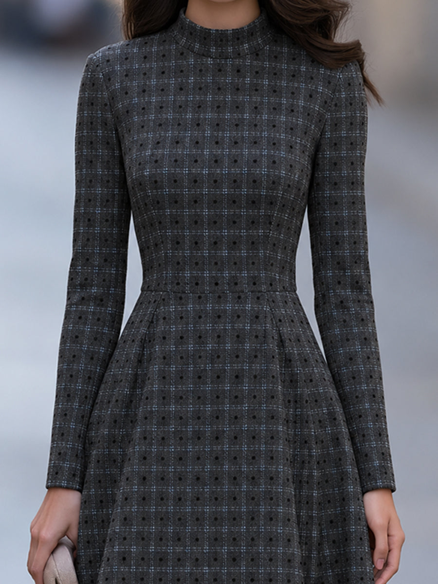 Mock Neck Plaid Dot A-Line Midi Dress