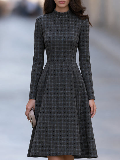 Mock Neck Plaid Dot A-Line Midi Dress