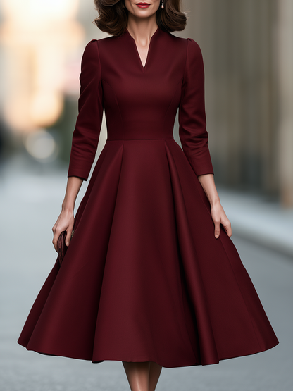 Split-Neck Princess-Seam Fit-and-Flare Midi Dress