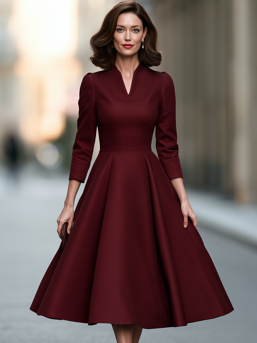 Split-Neck Princess-Seam Fit-and-Flare Midi Dress