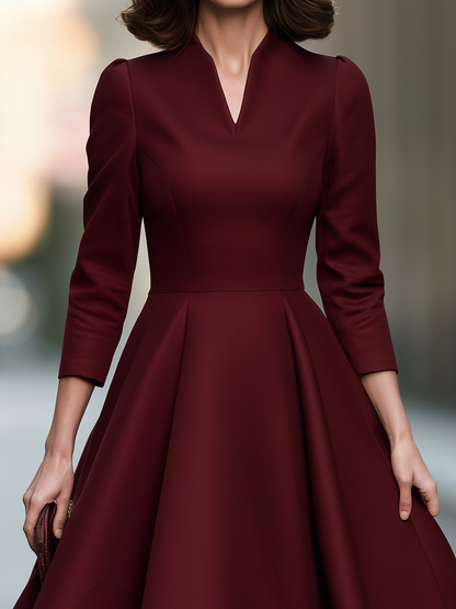 Split-Neck Princess-Seam Fit-and-Flare Midi Dress