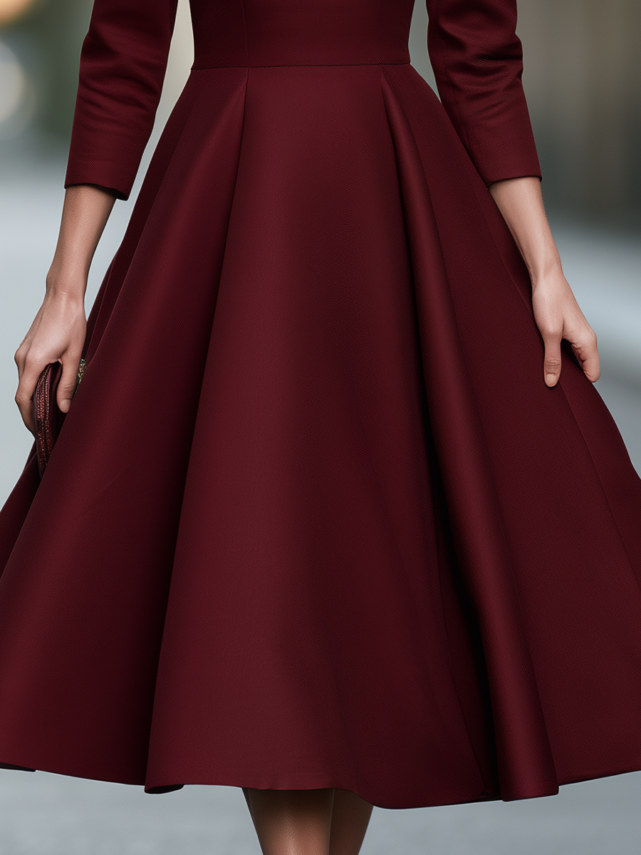 Split-Neck Princess-Seam Fit-and-Flare Midi Dress