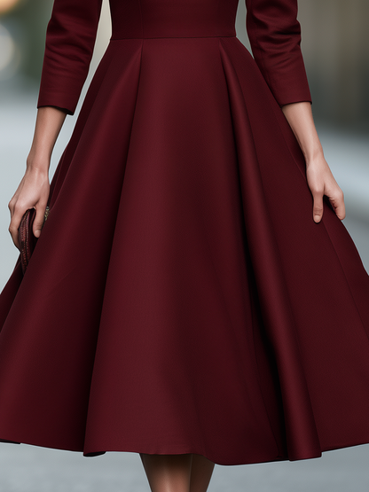 Split-Neck Princess-Seam Fit-and-Flare Midi Dress