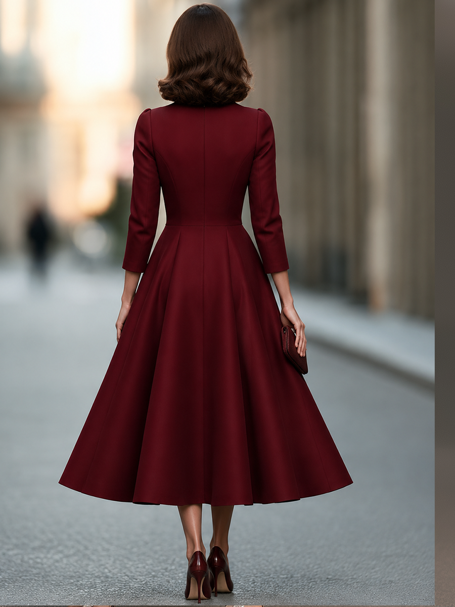 Split-Neck Princess-Seam Fit-and-Flare Midi Dress