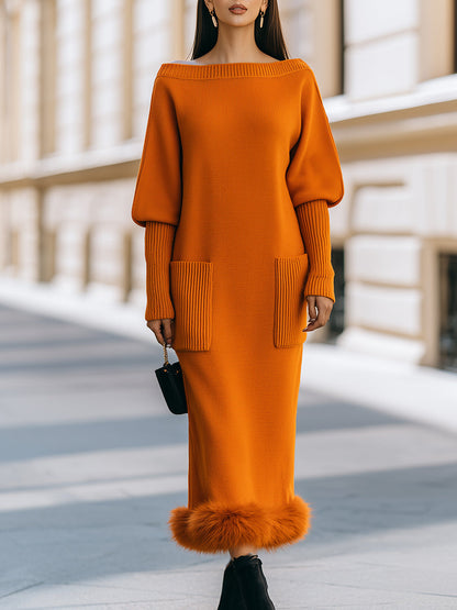 Faux Fur Trim Boat Neck Knit Maxi Dress