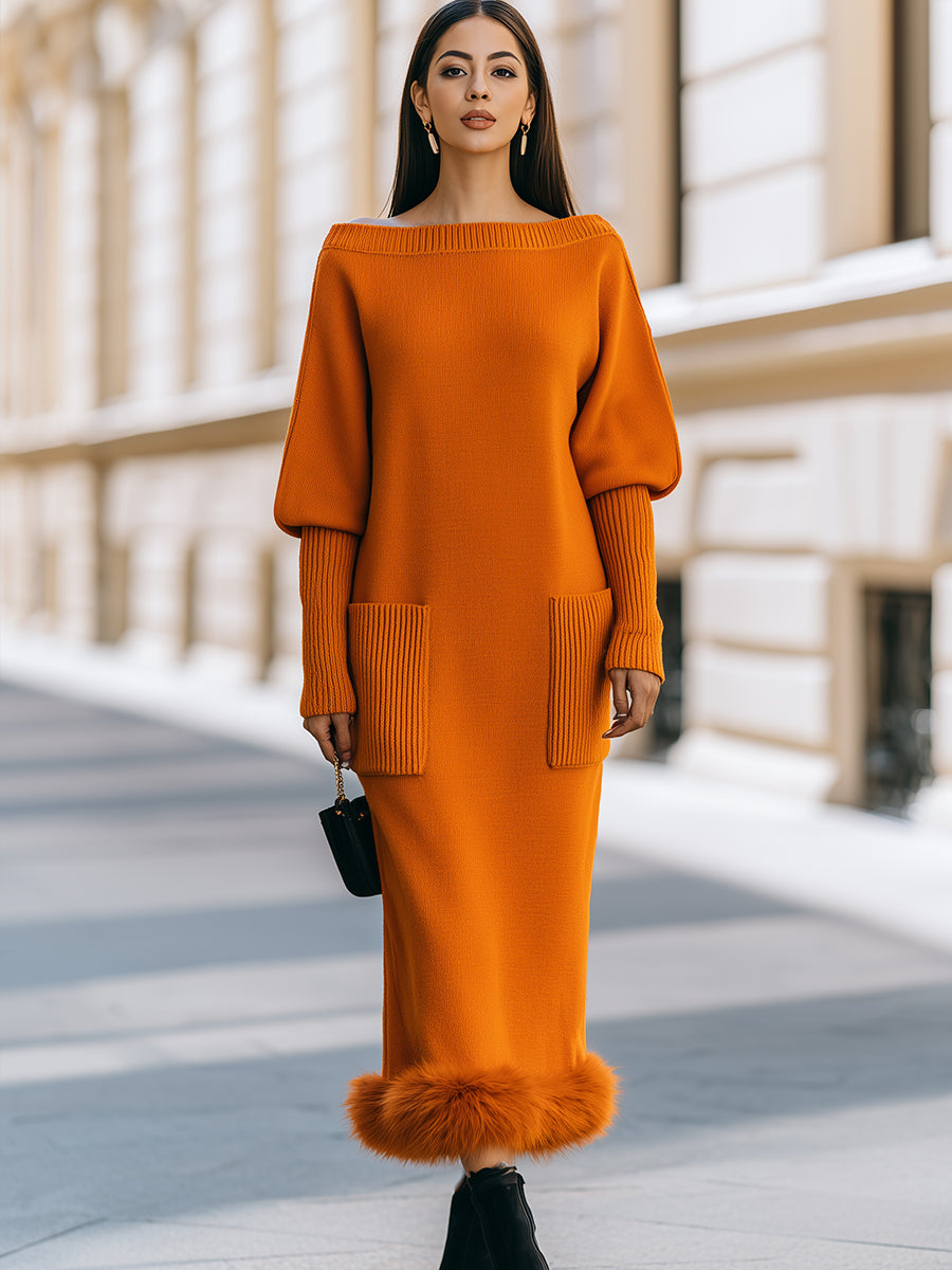 Faux Fur Trim Boat Neck Knit Maxi Dress