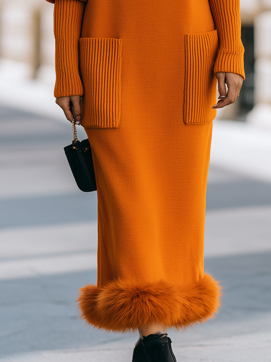 Faux Fur Trim Boat Neck Knit Maxi Dress