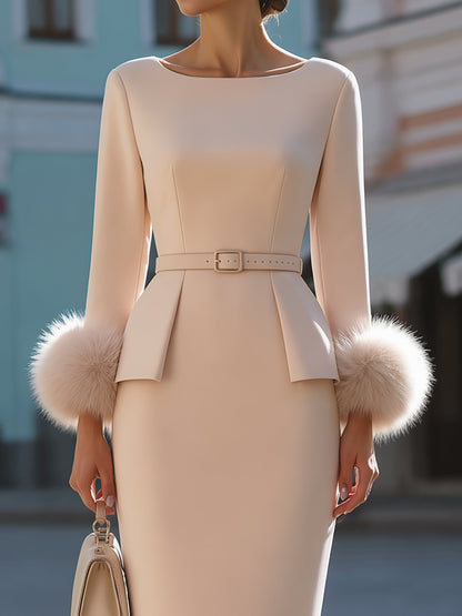 Faux-Fur Cuff Pencil Midi Dress