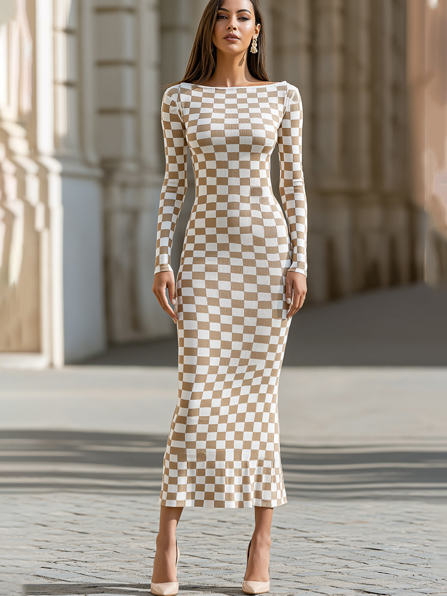 Checkerboard Boat Neck Knit Maxi Dress