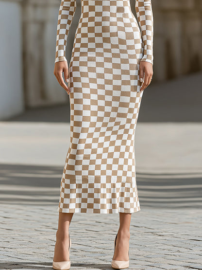 Checkerboard Boat Neck Knit Maxi Dress