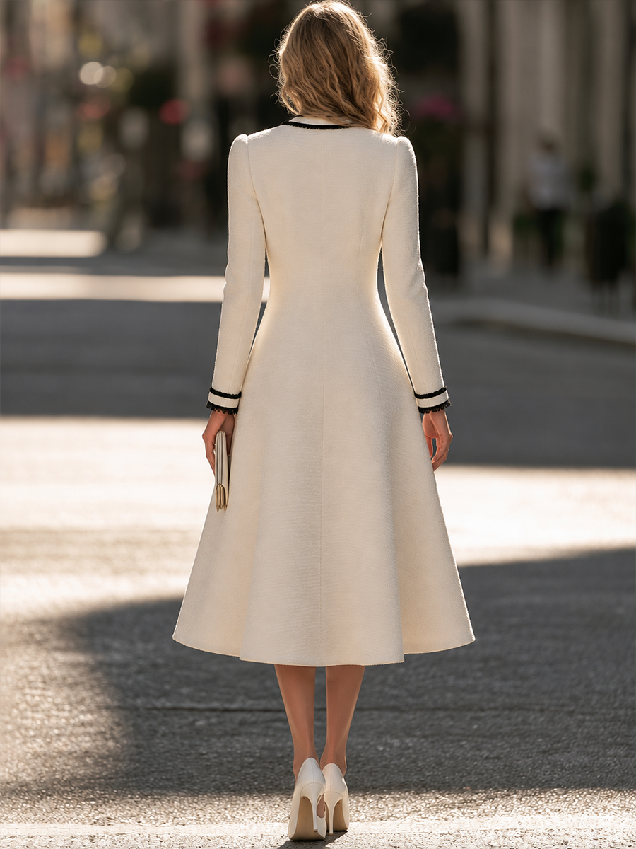 Round-Neck Contrast Trim Tweed Fit-and-Flare Midi Dress